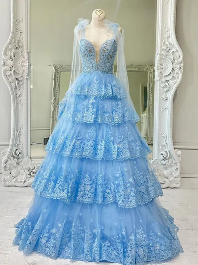 Ball Gown Sweetheart Tulle Tiered Prom Dresses With Appliques #Milly020125773