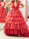 Glitter Ball Gown/Princess V-neck Bow Tiered Prom Dresses #Milly020125779