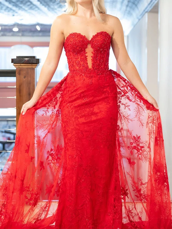 Sheath/Column Strapless Lace Tulle Prom Dresses With Appliques #Milly020125780