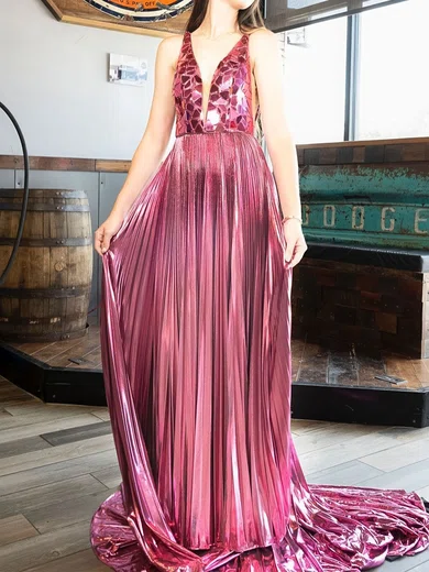 Sparkly A-line V-neck Metallic Prom Dresses With Beading #Milly020125786