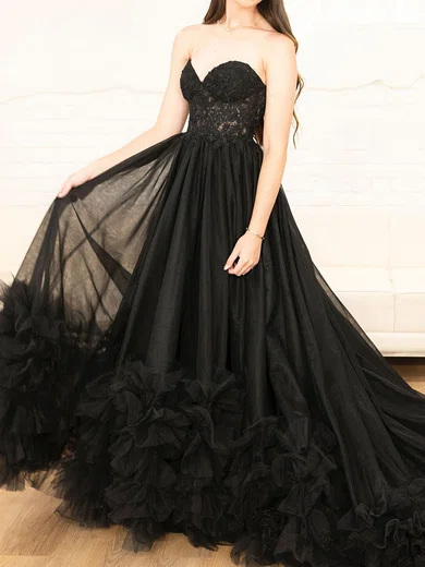 Ball Gown Strapless Tulle Ruffle Tiered Prom Dresses With Appliques #Milly020125788