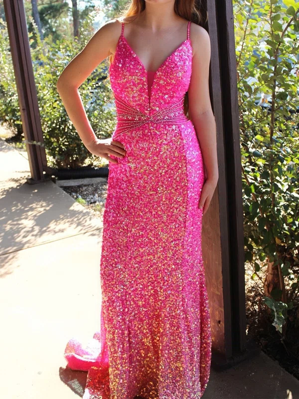 Sheath/Column V-neck Sparkly Sequin Prom Dresses With Beading #Milly020125794