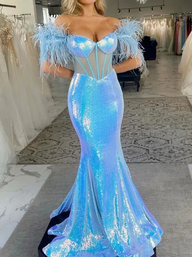 Mermaid Off-the-shoulder Sparkly Sequin Prom Dresses With Feather #Milly020125797