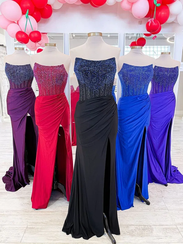 Elegant Sheath/Column Jersey Beaded Ruched Split Prom Dresses #Milly020125806