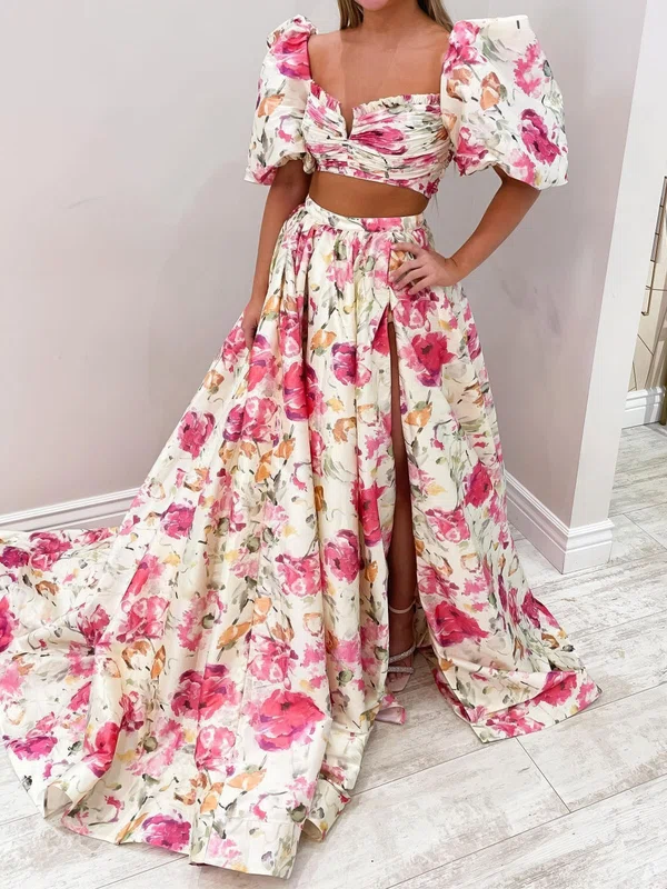 Ball Gown Square Neck Satin Two Piece Prom Dresses With Puff Sleeve #Milly020125809