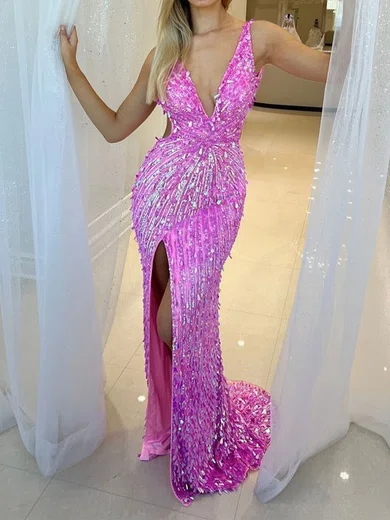 Sheath/Column V-neck Backless Sparkly Sequin Prom Dresses #Milly020125811