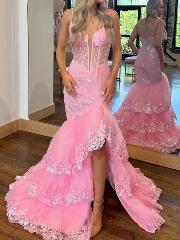Mermaid V-neck Tulle Tiered Prom Dresses With Appliques #Milly020125824