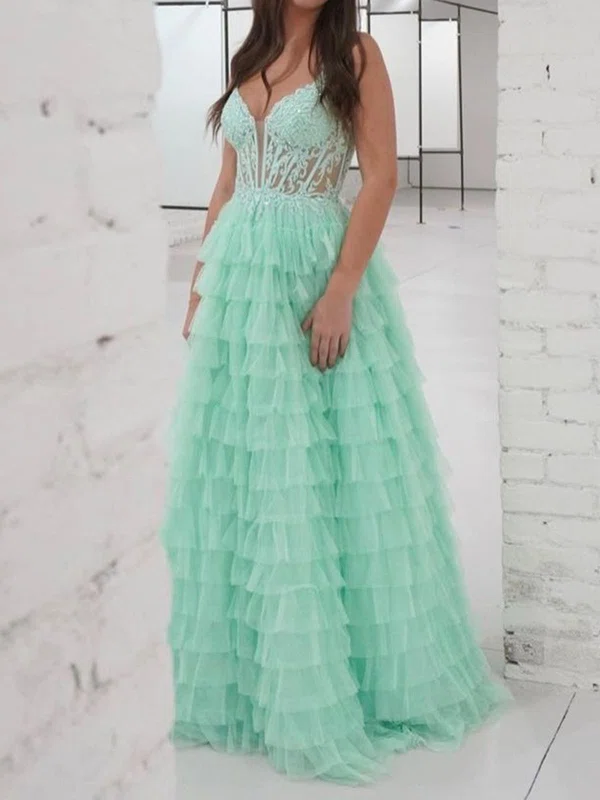 Ball Gown V-neck Tulle Tiered Prom Dresses With Appliques #Milly020125831
