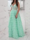 Ball Gown V-neck Tulle Tiered Prom Dresses With Appliques #Milly020125831
