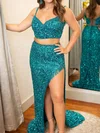 Sheath/Column V-neck Sparkly Sequin Two Piece Prom Dresses With Fringe #Milly020125834