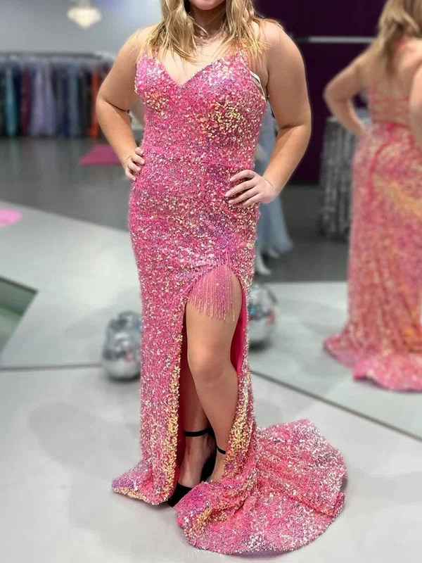 Sheath/Column V-neck Sparkly Sequin Prom Dresses With Fringe #Milly020125837