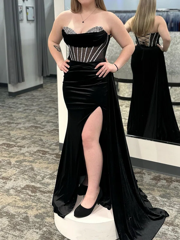 Mermaid Strapless Velvet Corset Prom Dresses With Beading #Milly020125840