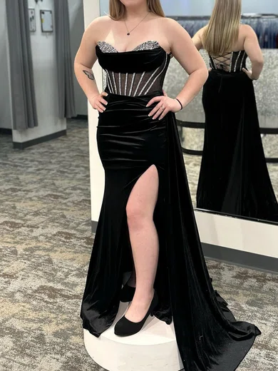 Mermaid Strapless Velvet Corset Prom Dresses With Beading #Milly020125840