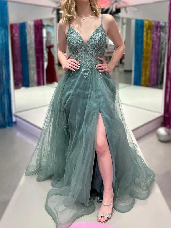 Ball Gown V-neck Tulle Prom Dresses With Appliques #Milly020125842