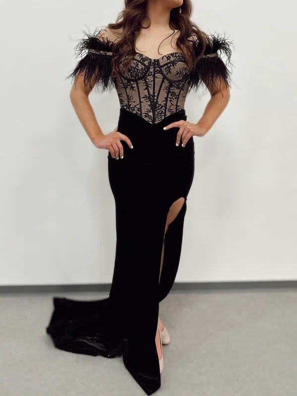Sheath/Column Off-the-shoulder Velvet Prom Dresses With Feather #Milly020125845