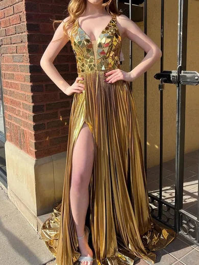 Sparkly A-line V-neck Metallic Prom Dresses With Beading #Milly020125853