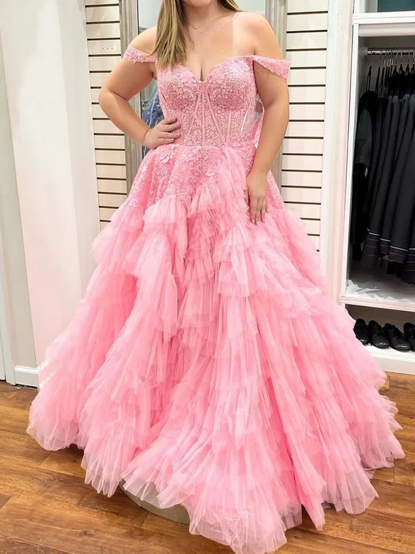 Ball Gown Off-the-shoulder Tulle Tiered Prom Dresses With Appliques #Milly020125859