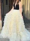Ball Gown Halter Tulle Backless Tiered Prom Dresses With Bow #Milly020125860