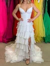 White A-line V-neck Chiffon Ruffle Tiered Prom Dresses #Milly020125863