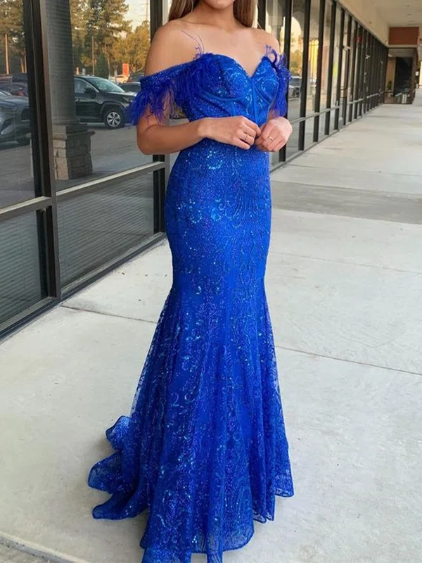 Mermaid Off-the-shoulder Lace Prom Dresses With Feather #Milly020125868