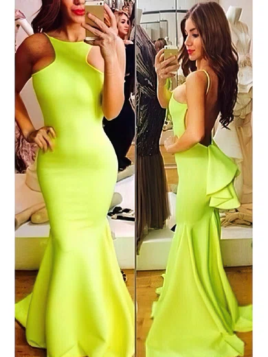 Trumpet/Mermaid Scoop Neck Stretch Crepe Sweep Train Cascading Ruffles Prom Dresses #02016910