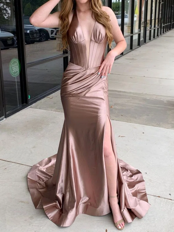 Mermaid V-neck Satin Corset Prom Dresses With Ruched #Milly020125874