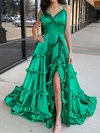 Elegant A-line Satin V-neck Ruffle Split Prom Dresses #Milly020125879