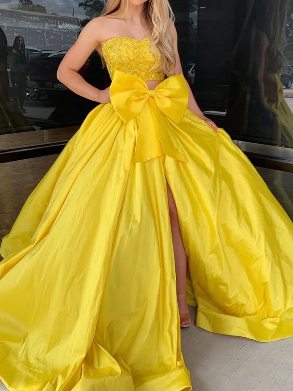 Princess Strapless Satin Two Piece Prom Dresses With Appliques #Milly020125883