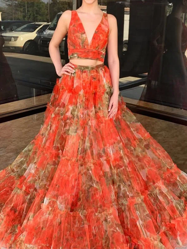 Ball Gown V-neck Tulle Two Piece Floral Prom Dresses #Milly020125886