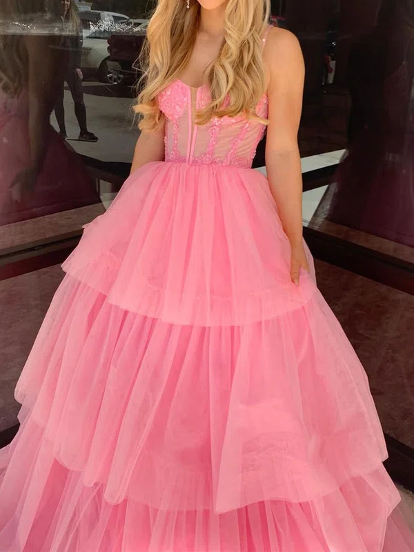 Ball Gown V-neck Tulle Tiered Prom Dresses With Appliques #Milly020125888