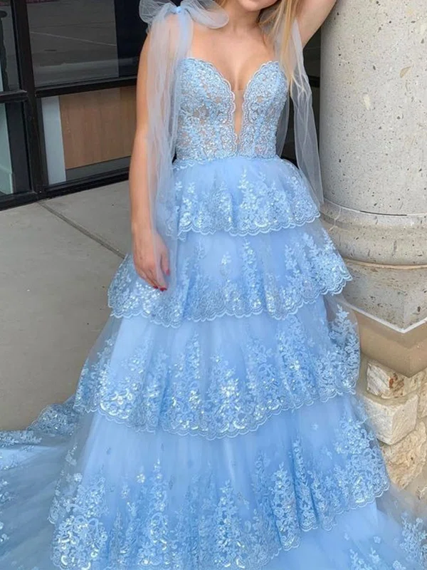 Ball Gown Sweetheart Tulle Tiered Prom Dresses With Appliques #Milly020125892