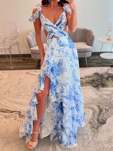 Sheath/Column V-neck Floral Chiffon Tiered Prom Dresses #Milly020125898