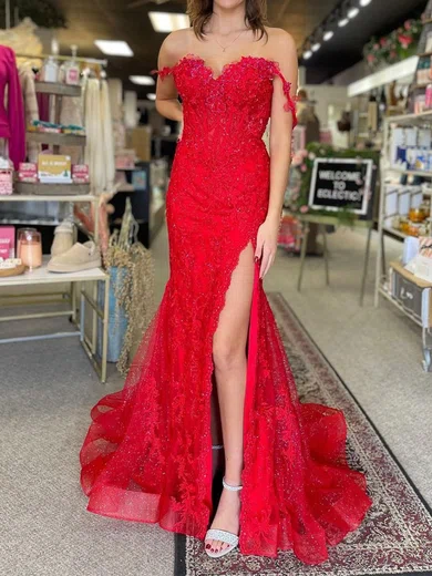 Red Mermaid Off-the-shoulder Tulle Prom Dresses With Appliques #Milly020125905