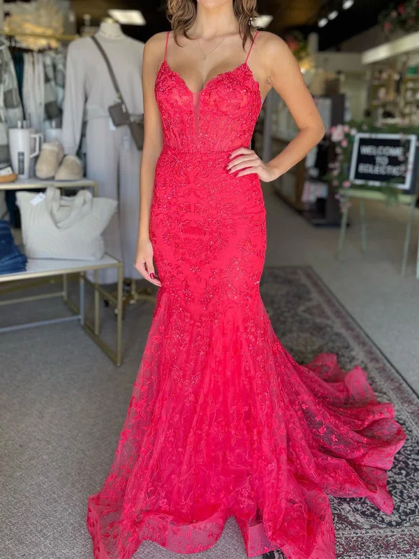 Mermaid V-neck Lace Beaded Prom Dresses With Appliques #Milly020125908