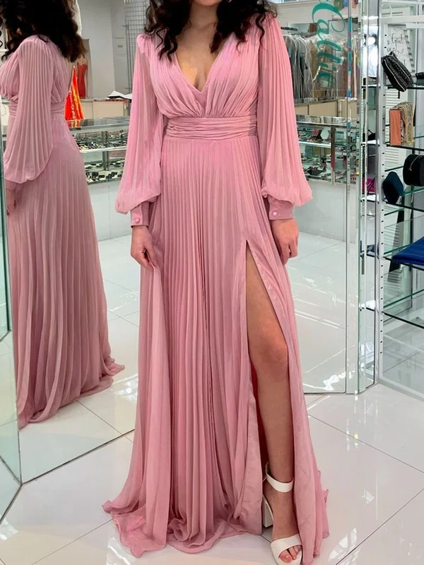 Elegant A-line Chiffon V-neck Pleated Long Sleeve Prom Dresses #Milly020125909