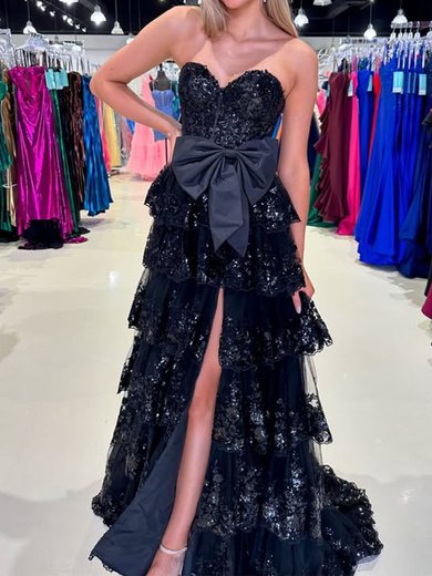 Unique Black Tulle Ball Gown/Princess Appliques Bow Prom Dresses #Milly020125919