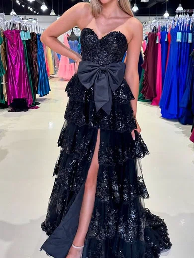 Ball Gown Strapless Tulle Tiered Prom Dresses With Appliques #Milly020125919