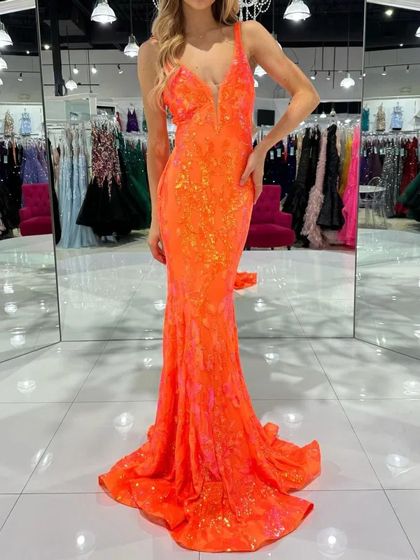 Mermaid V-neck Sparkly Sequin Prom Dresses #Milly020125940