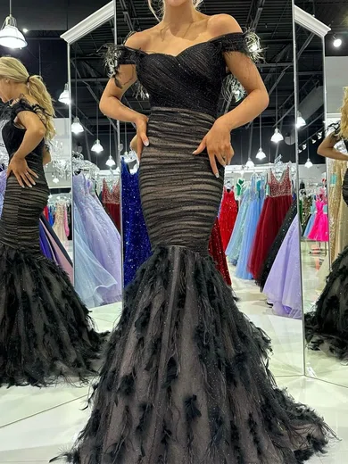 Mermaid Off-the-shoulder Tulle Beaded Prom Dresses With Feather #Milly020125941