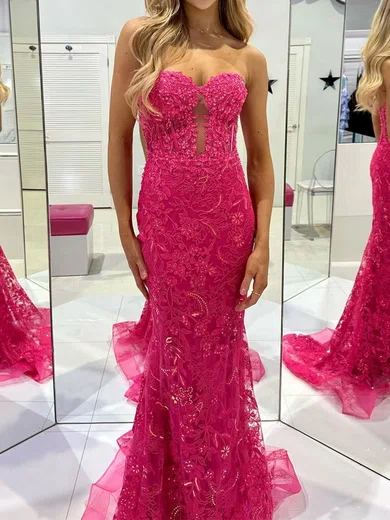 Mermaid Strapless Lace Tulle Prom Dresses With Appliques #Milly020125947