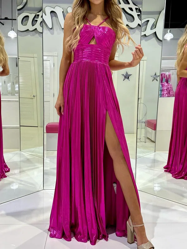 Unique A-line Metallic Halter Pleated Prom Dresses #Milly020125948