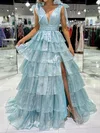 Glitter Ball Gown/Princess V-neck Tiered Split Prom Dresses #Milly020125949