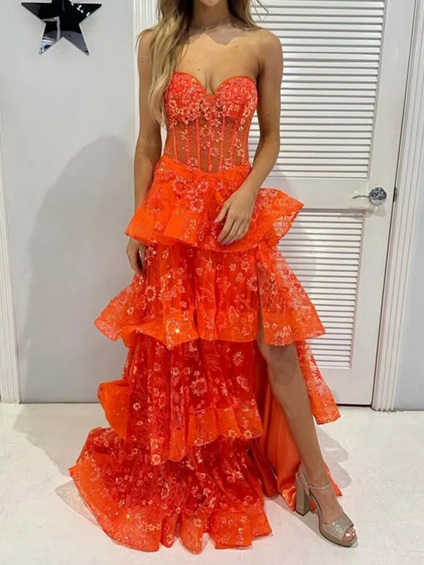 Ball Gown Strapless Lace Tiered Prom Dresses With Appliques #Milly020125950