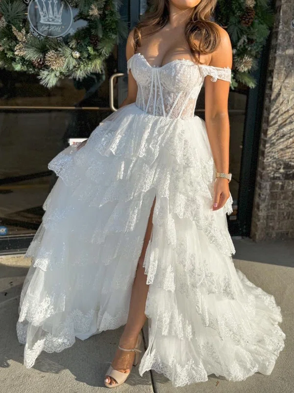 Ball Gown Off-the-shoulder Tulle Tiered Prom Dresses With Appliques #Milly020125958