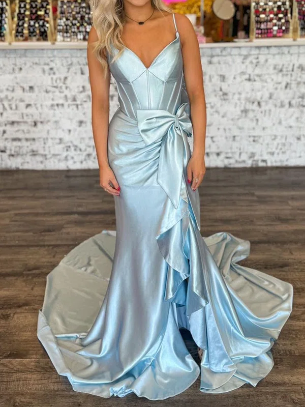 Sheath/Column V-neck Satin Corset Prom Dresses With Bow #Milly020125962