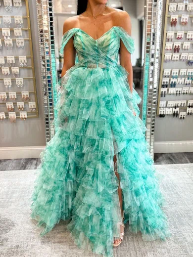 Ball Gown Off-the-shoulder Tulle Floral Ruffle Tiered Prom Dresses #Milly020125966