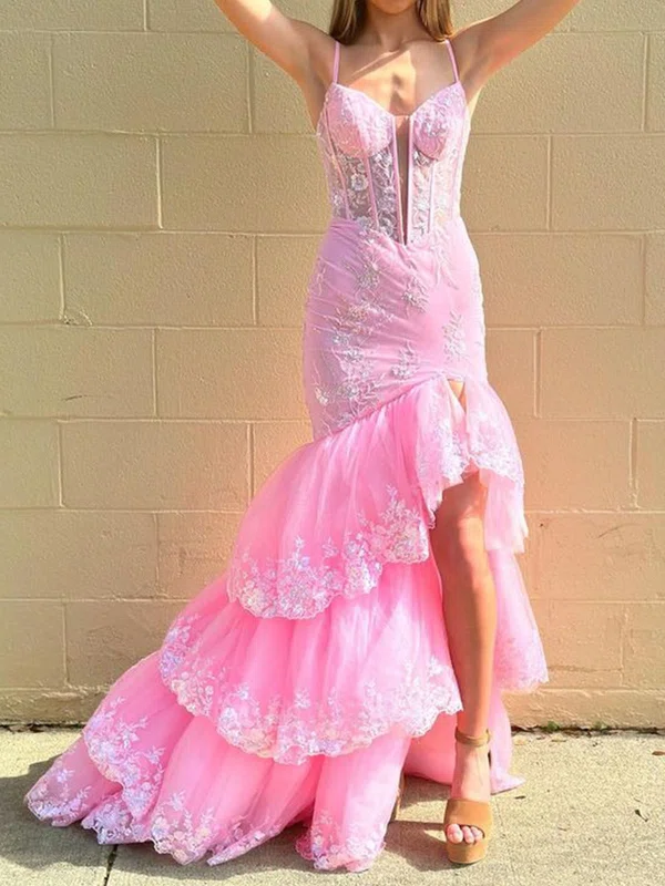 Mermaid V-neck Tulle Tiered Prom Dresses With Appliques #Milly020125971