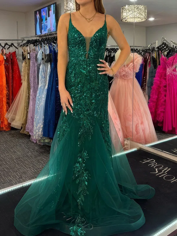 Mermaid V-neck Tulle Prom Dresses With Appliques #Milly020125974