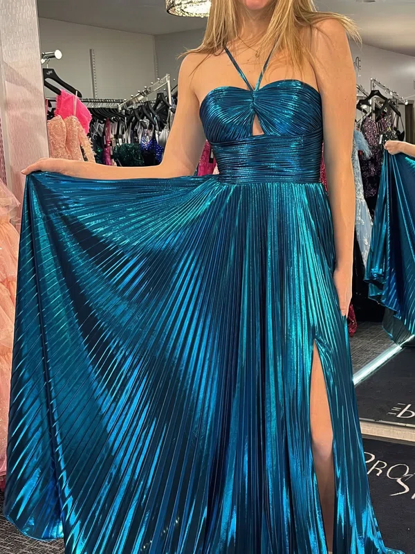 Sparkly A-line Halter Metallic Prom Dresses With Ruched #Milly020125976