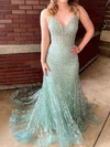 Sheath/Column V-neck Tulle Corset Prom Dresses With Appliques #Milly020125988